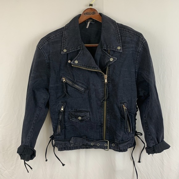 Free People Jackets & Blazers - Free People Denim Moto Jacket Womens Small Black Oversized Corset Lace-Up Sides